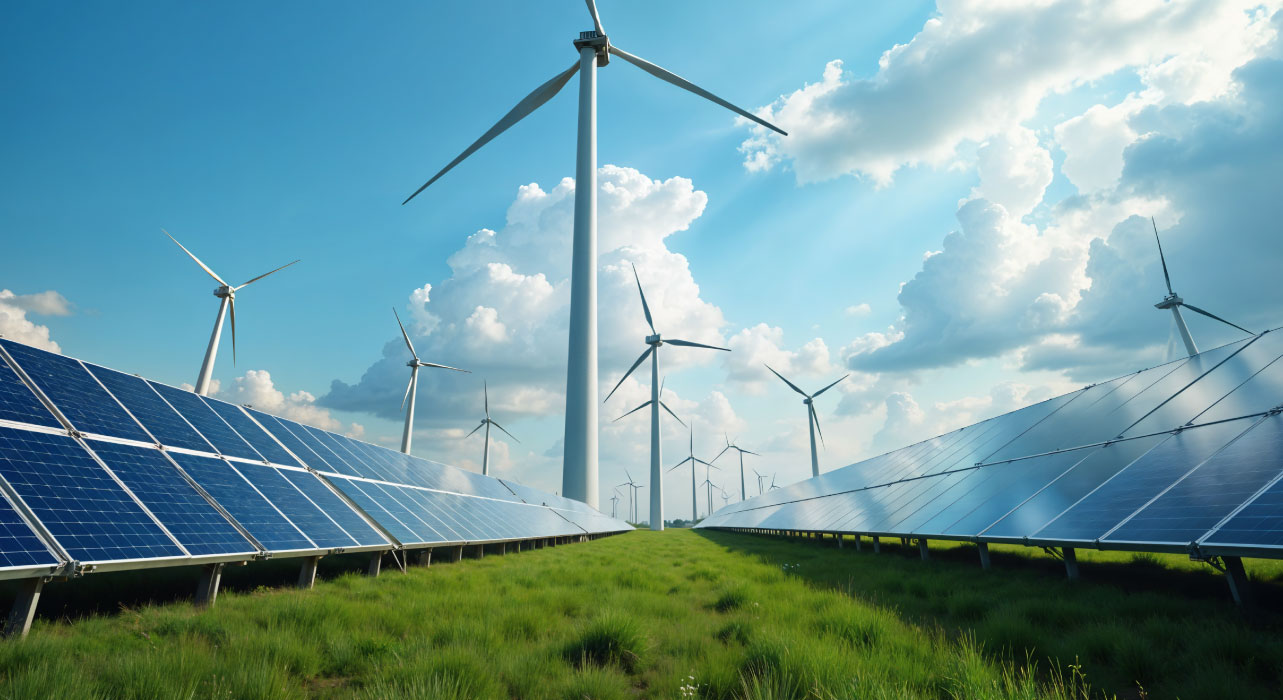 A field of solar panels and wind turbines under a bright blue sky