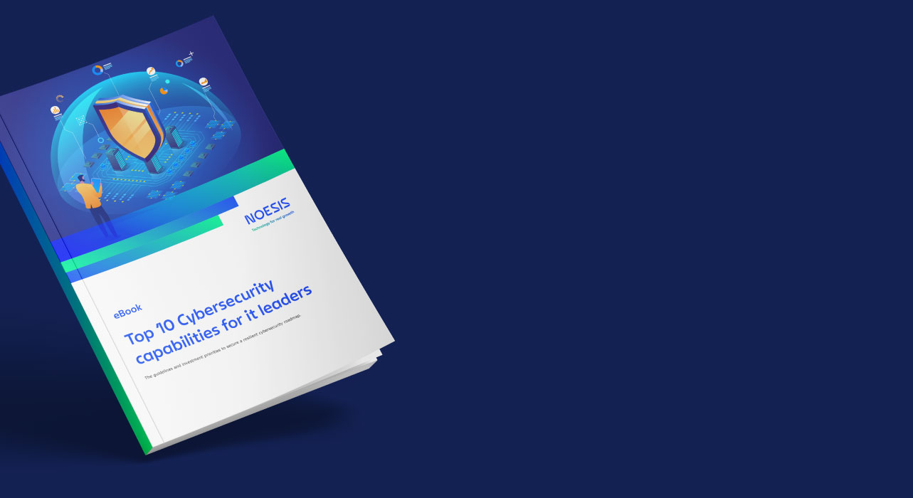 E-book cover titled 'Top 10 Cybersecurity Capabilities for IT Leaders' with a digital shield icon. Set against a dark blue background.